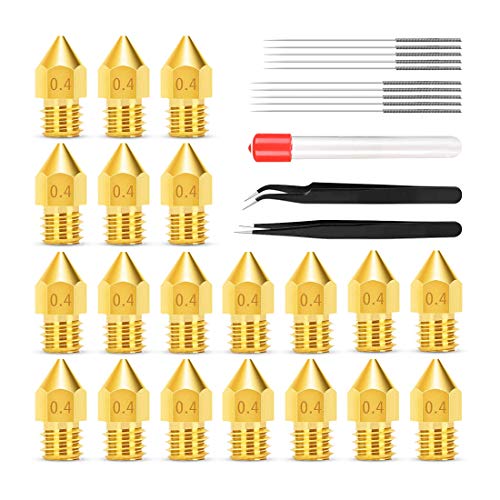 LUTER 24Pcs 0.4mm 3D Printer Nozzles Extruder Nozzles for MK8 5Pcs Stainless Steel Nozzle Cleaning Needles 2Pcs Tweezers for Makerbot Creality CR-10