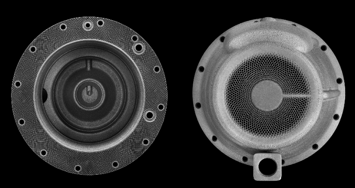 Top and bottom views of the pilot part of the second-generation auxiliary power unit generator housing, designed by Betatype and manufactured by Renishaw, Stone, AlSi10Mg