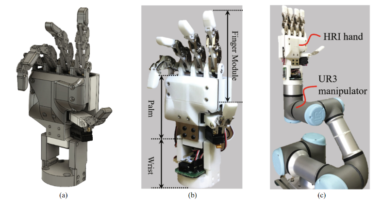   HRI hand: (a) 3D modeling, (b) suggested robot hand, and (c) HRI hand with UR3 manipulator