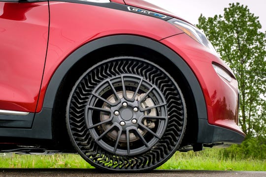 The Michelin Uptis prototype was tested with the Chevrolet Bolt EV at the General Motors Milford Proving Ground in Milford on May 29. The Michelin Uptis prototype was tested with the Chevrolet Bolt EV at the General Motors Milford Proving Ground in Milford on May 29.