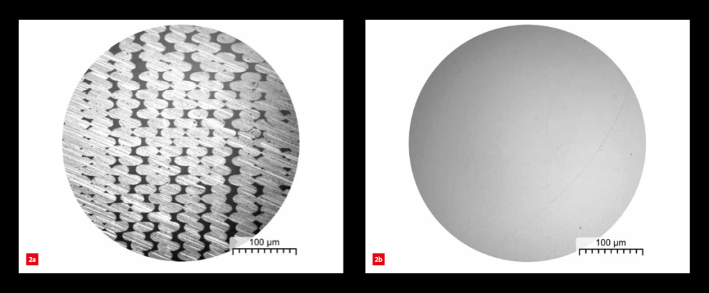 Microstructure of 3D printed parts using conventional FFF (left) and Bond 3D technology (right) Microstructure of 3D printed parts using conventional FFF (left) and Bond 3D technology (right)